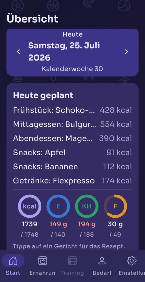 Die ProgressCompass-App im Dunkelmodus: Tagesübersicht mit geplanten Mahlzeiten und Makro-Ringen